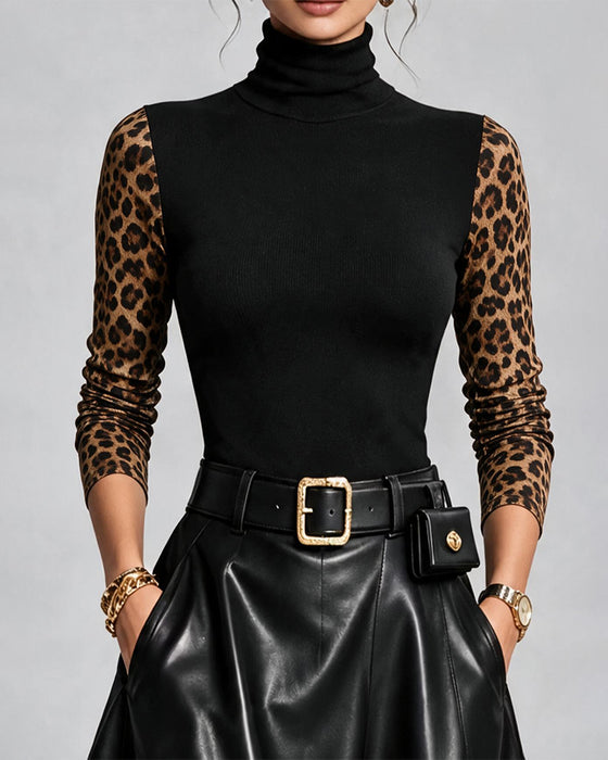 Topp Leopardmönster Skarvad Hög Hals Slimfit