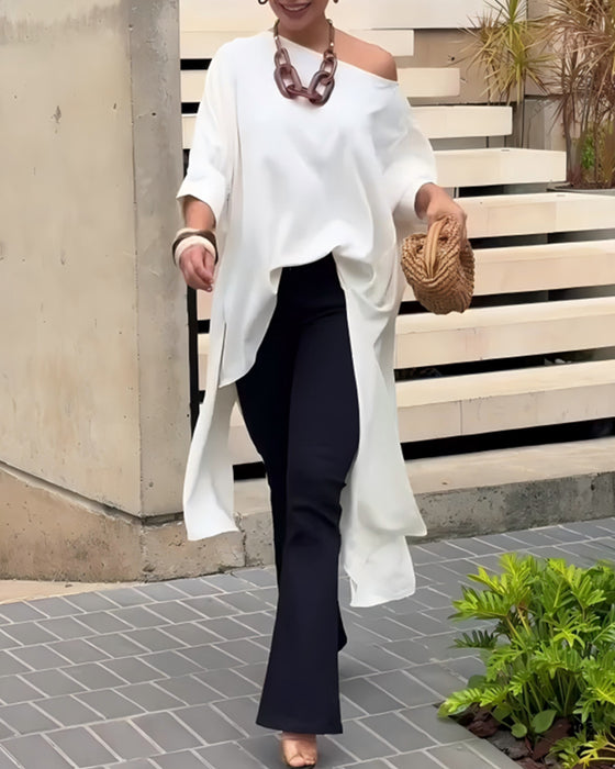Blus Asymmetrisk Hals Oregelbunden Slits Armbågslång Ärm