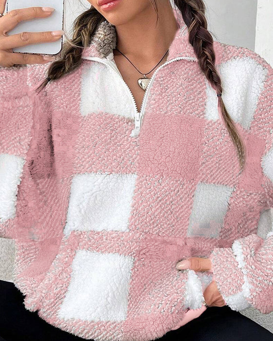Sweatshirt Halv-Zip Ståkrage Rutmönster