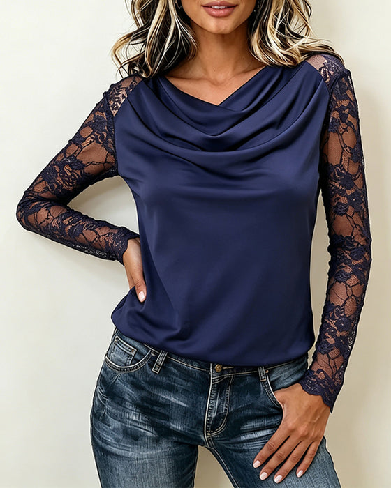 Blus Cowl Neck Spets Panel Lång Ärm