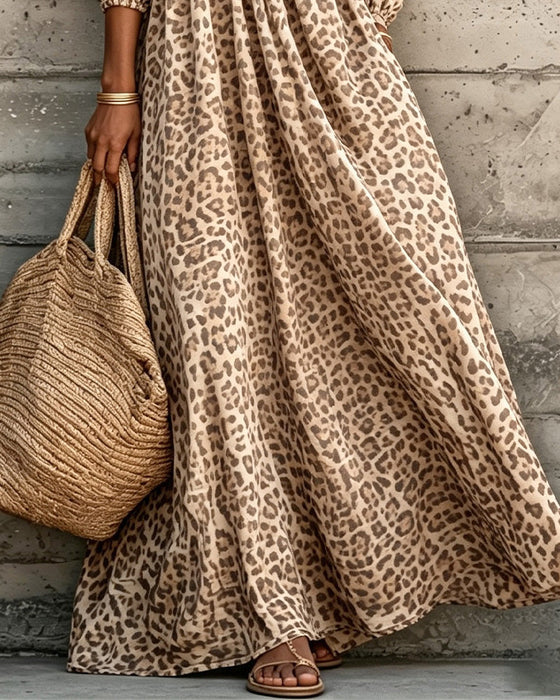 Klänning Leopard Tryck V-Hals Puff Ärm