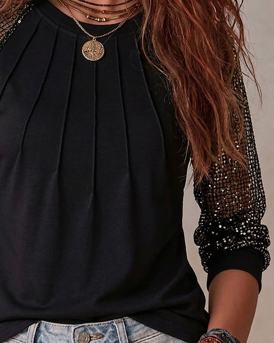 Blus Rund Hals Plisserad Rutig
