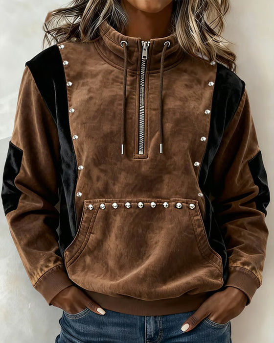 Sweatshirt Blixtlås Färgblock Avslappnad