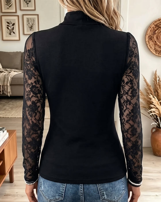 Topp Hög Hals Genombruten Spets Lapptäcke Slim-Fit
