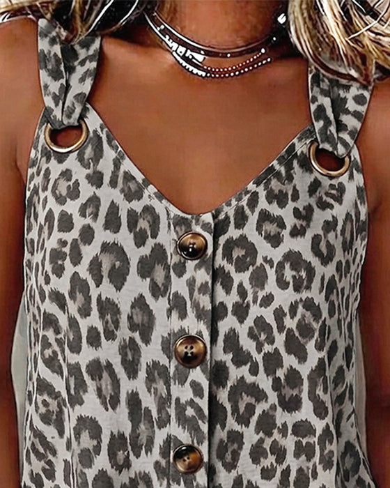 Tank Top Leopard Spagettiband Knapp Metallspänne