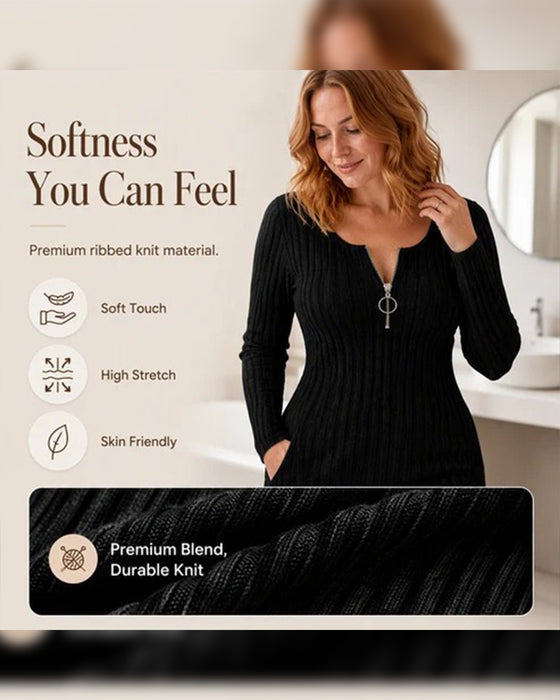 Klänning Dragkedja Ribbad Långärmad Bodycon