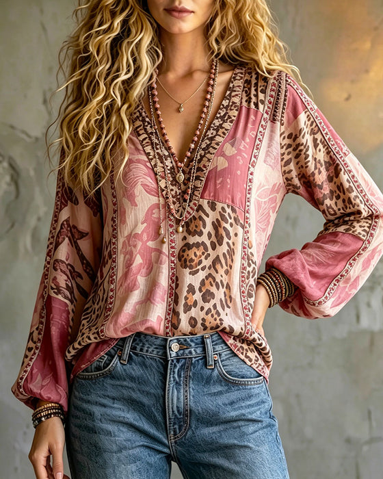 Blus V-Hals Leopardmönster Färgblock Lyktsärm
