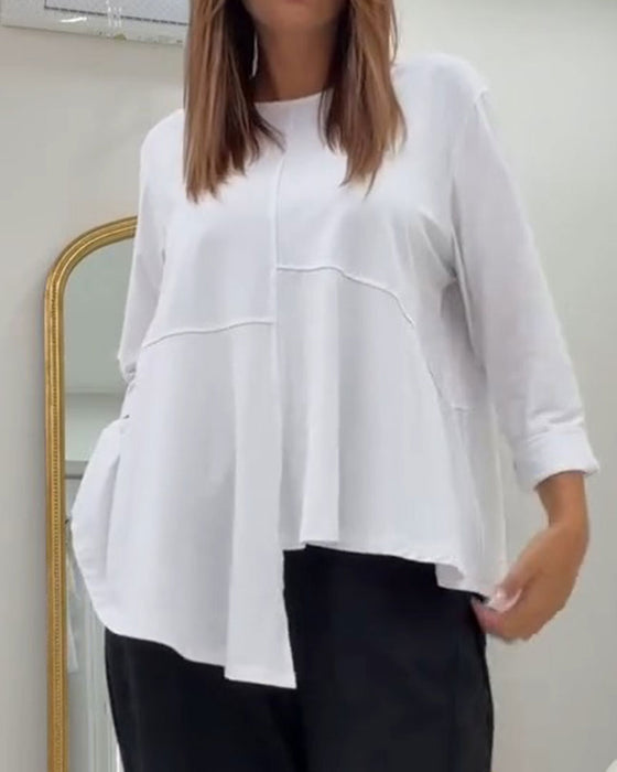 Topp Rundhals Patchwork Asymmetrisk Solid