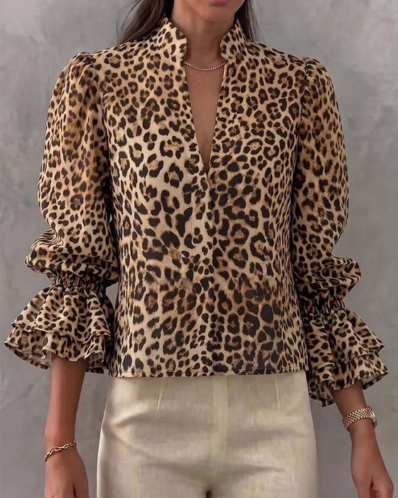 Blus Leopard Ruffle Casual