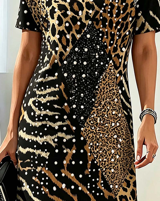 Klänning Leopardmönster Rundhalsad Kortärmad Patchwork