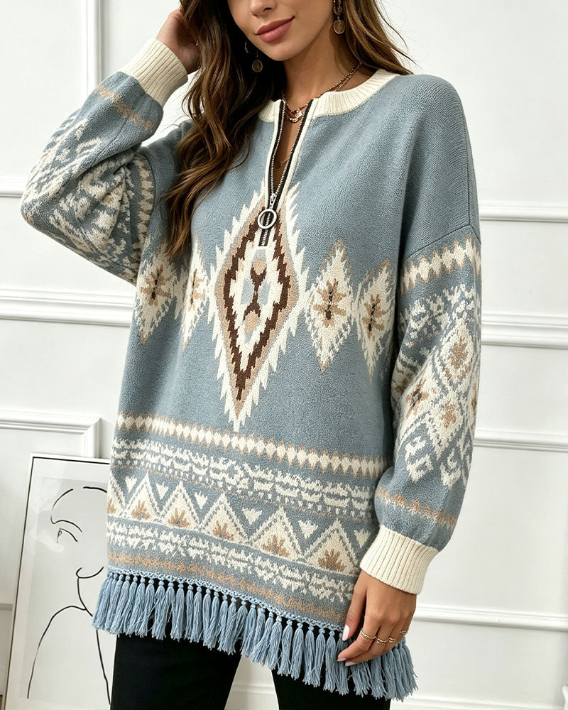 Tröja Geometrisk Jacquard Halv-Zip Fransig Kant
