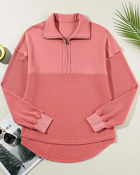 Sweatshirt Halv Dragkedja Våffla Patchwork