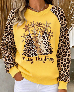 Sweatshirt Rund Hals Leopardmönster Julträd Färgblock
