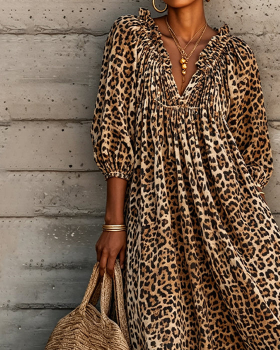 Klänning Leopard Tryck V-Hals Puff Ärm