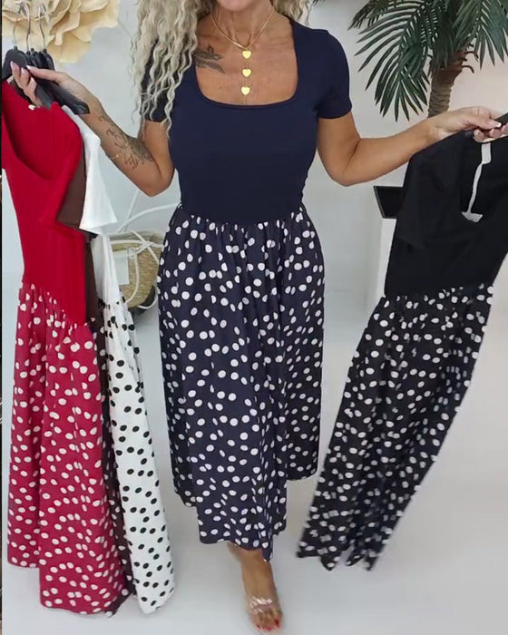 Klädning Fyrkantig Hals Polka Dot Patchwork