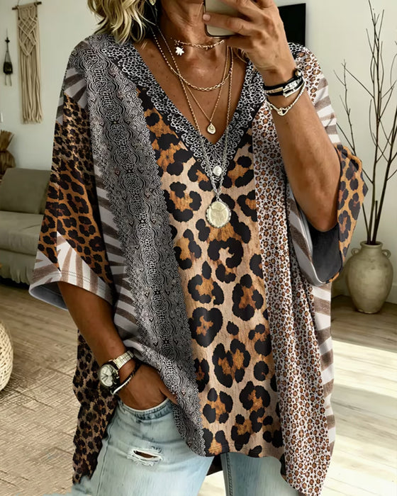 Topp Leopardmönster Patchwork V-Hals Avslappnad