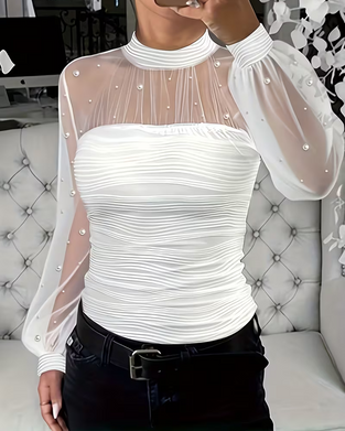 Blus Mock Neck Rynkad Sheer