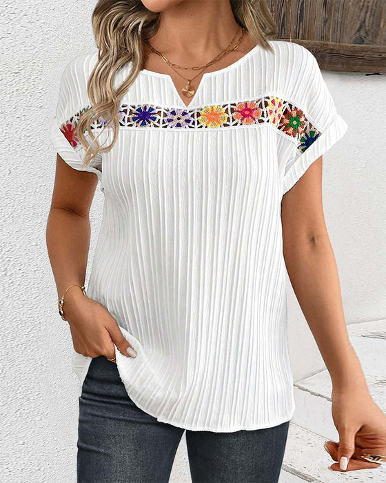 Patchwork tryckt ribbstickad kortärmad topp