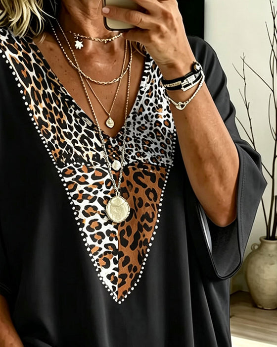 T-Shirt Löst Fladdermus Ärm V-Hals Leopard Tryck