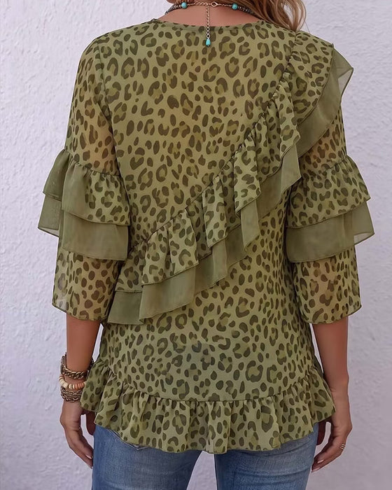 Blus V-Hals Ruffle Leopard