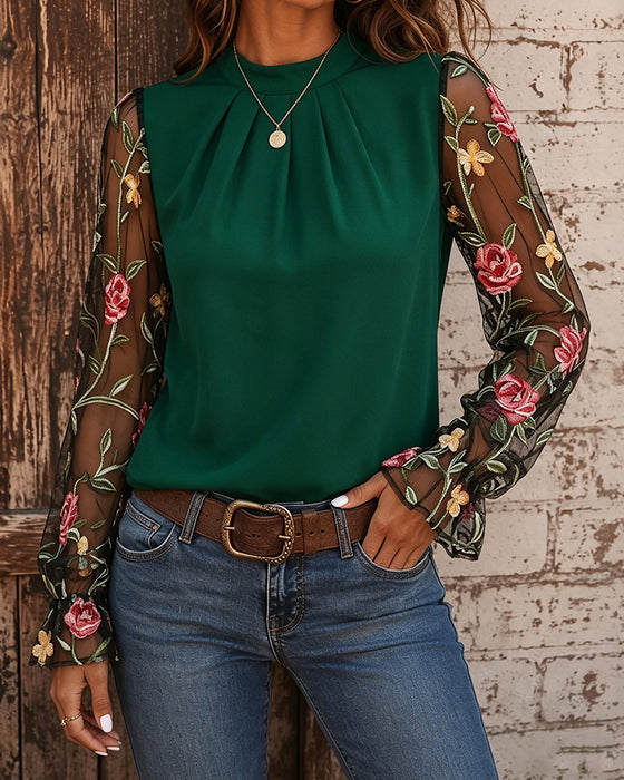 Blus Mode Blommig Mandarin Krage