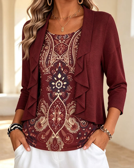 Blus Imitation Tvådelad Ruffle Tryck