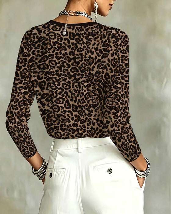 Topp Leopard Lång Ärm Rundhalsad