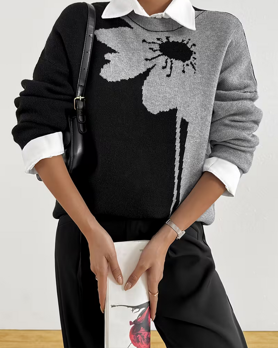 Pullover Färgblock Stor Blommig Jacquard Runda Halsen