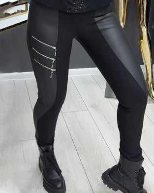 Leggings PU Lapptäcke Dragkedja Utsmyckad