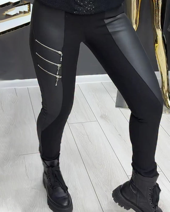 Leggings PU Lapptäcke Dragkedja Utsmyckad
