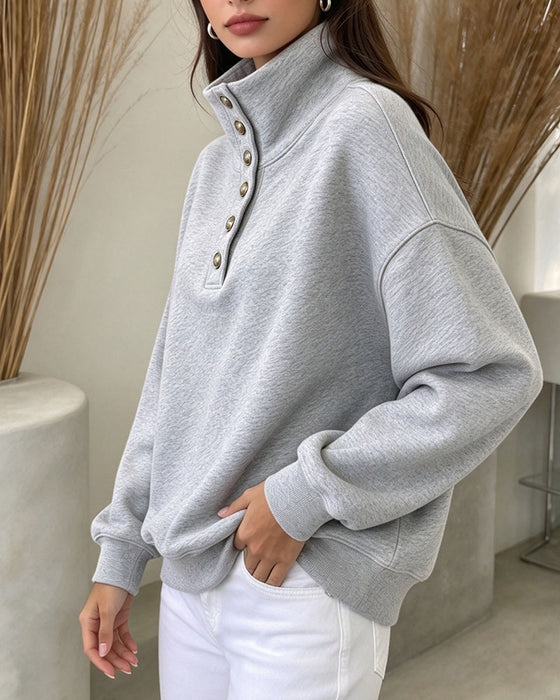 Sweatshirt Hög Krage Knäppt Långärmad