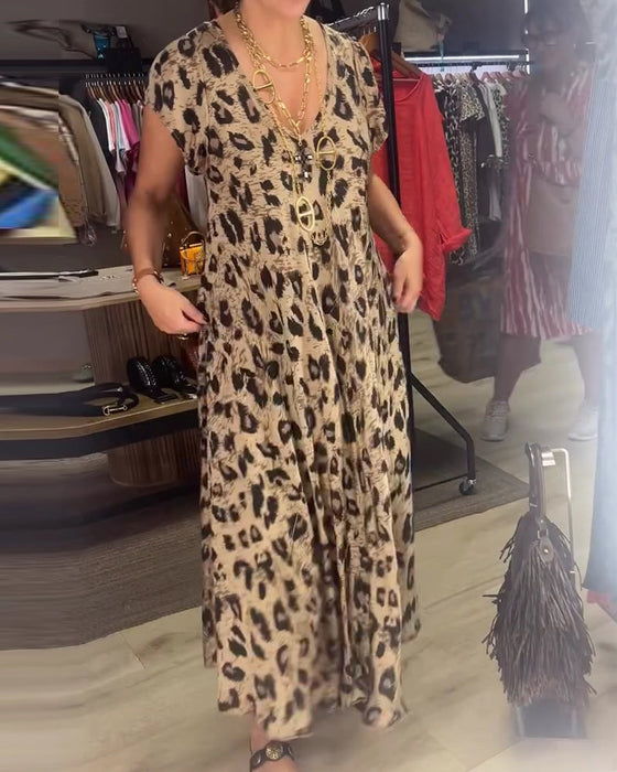 Klädning V-Hals Leopard Kort Ärm