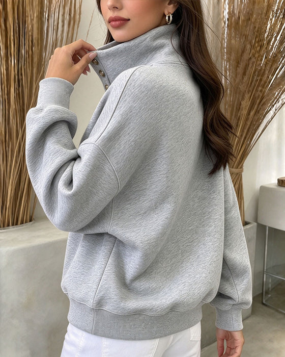 Sweatshirt Hög Krage Knäppt Långärmad