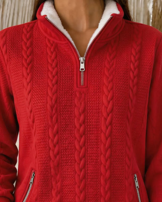 Sweatshirt Flätad Stickning Fleecefodrad Halv Dragkedja