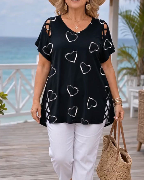 T-Shirt Hjärtmönster Genombruten Kortärmad