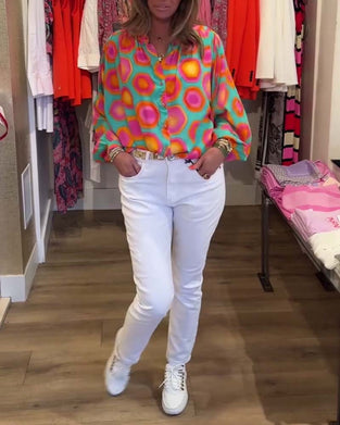 Färgglad skjorta med geometriskt tryck med krage