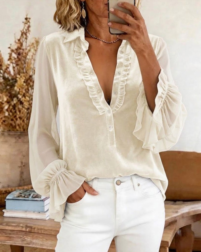 Blus Velour Lapptäcke Rynkad Ärm