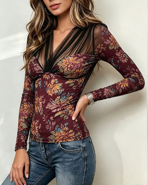 Topp V-Hals Blommig Casual