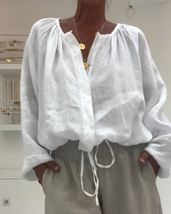 Blus 100 % Bomull Långärmad Rynkad Knut