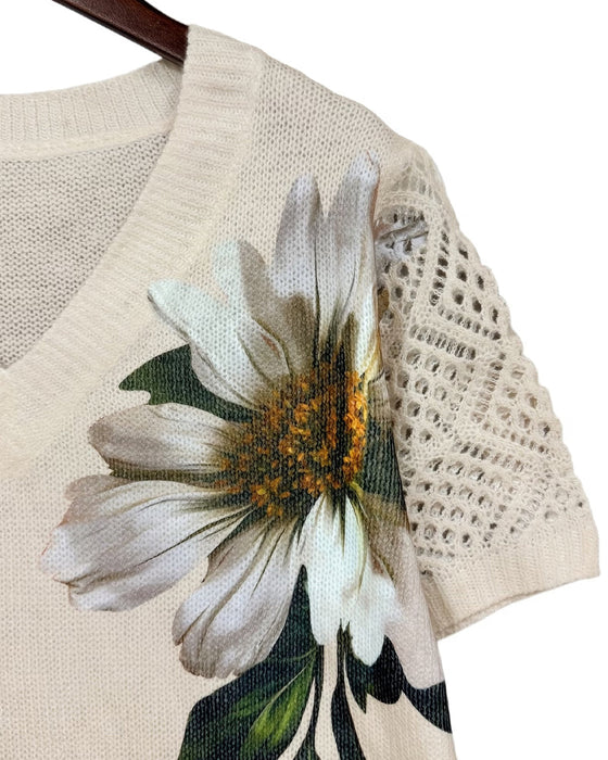 Pullover V-Ringning Stickad Blommig