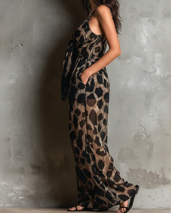 Jumpsuit Leopardmönster Hängslor Bredbent