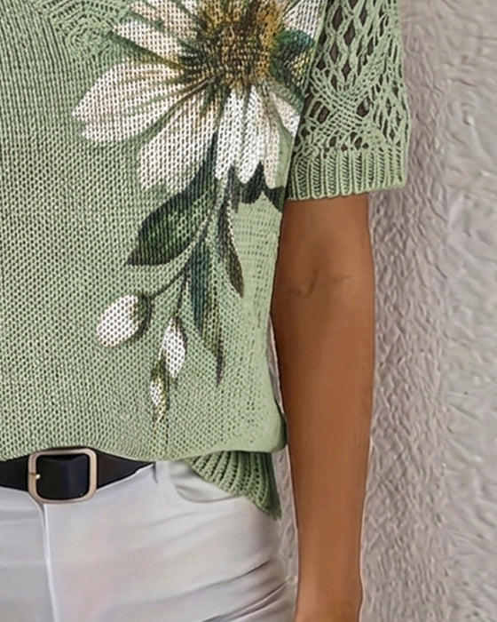 Pullover V-Ringning Stickad Blommig