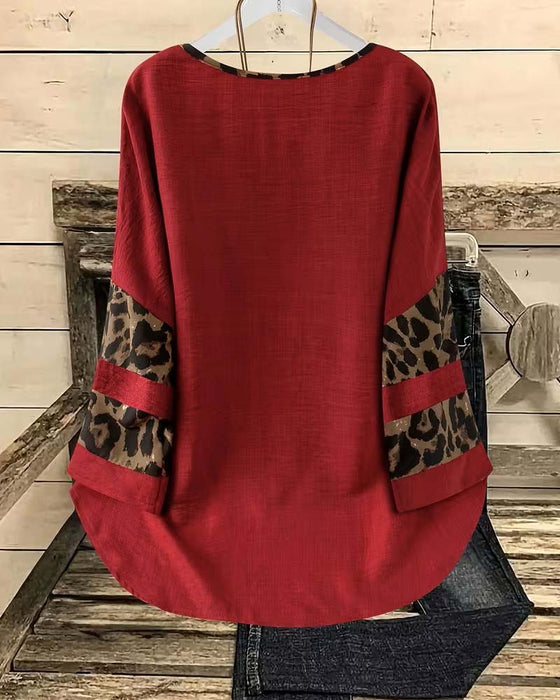 Topp Rundhalsad Leopard Färgblock