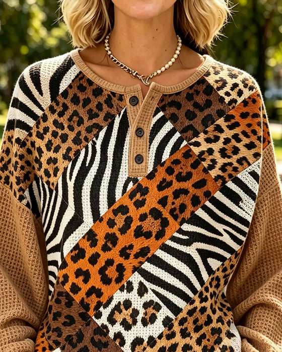 Sweatshirt Leopard Tryck Patchwork Runda Halsen