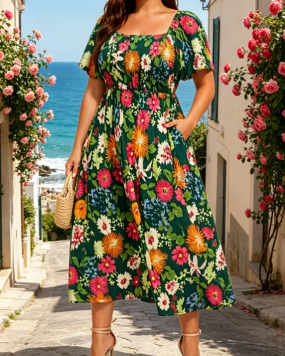 Klänning Fyrkantig Hals Stor Blommig Midi