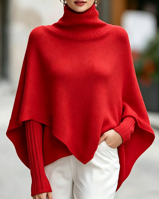 Pullover Hög Hals Asymmetrisk Poncho Stil