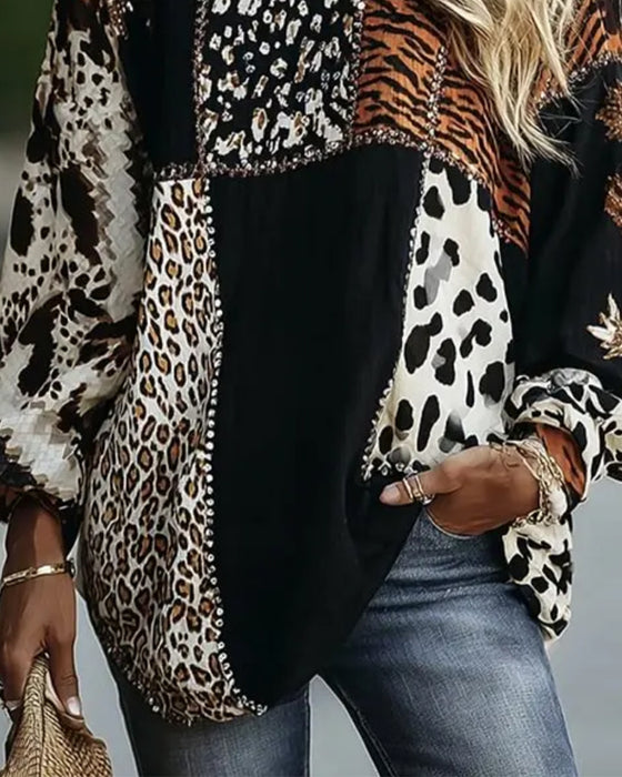 Blus Rundhals Leopard Tiger Tryck Kontrast