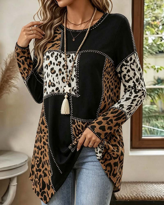 Blus Leopard Tryck Patchwork Oregelbunden