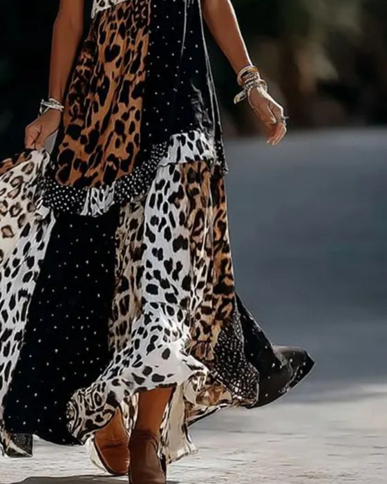 Klänning V-Hals Leopard Prickig Ruffle