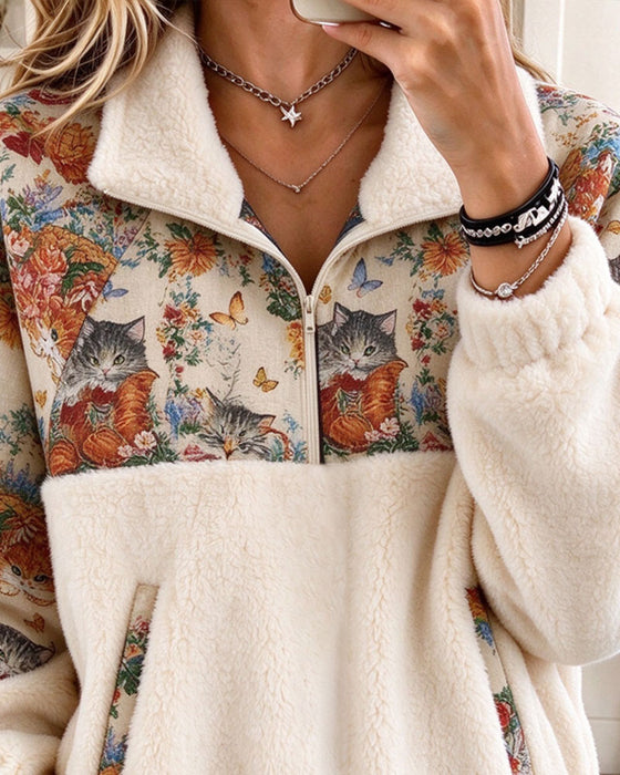 Sweatshirt Kattmönster Sammansatt Fleece Halv Dragkedja